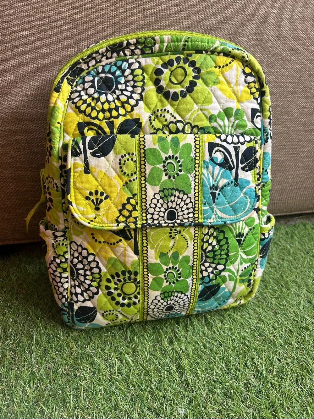Vera Bradley Quilted Floral Mini Backpack in Green and Yellow